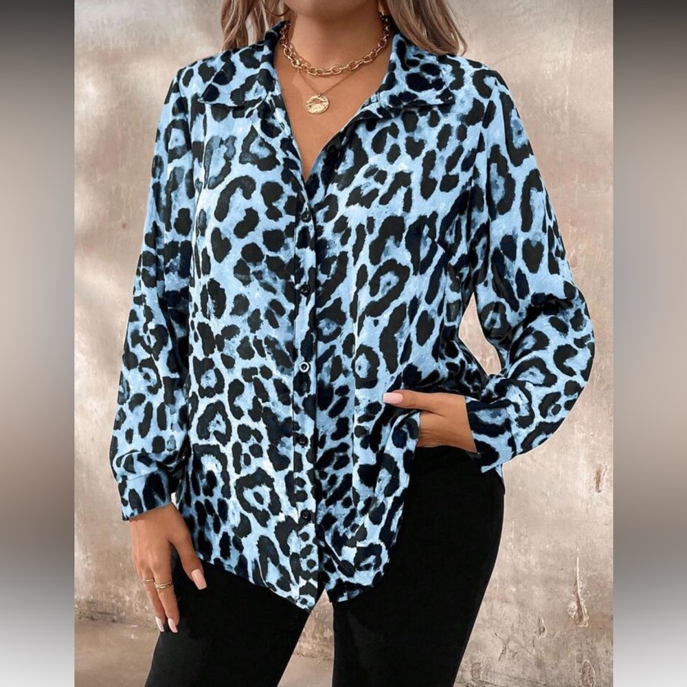 Leopard Print Button-Up Blouse - Picture 1 of 7